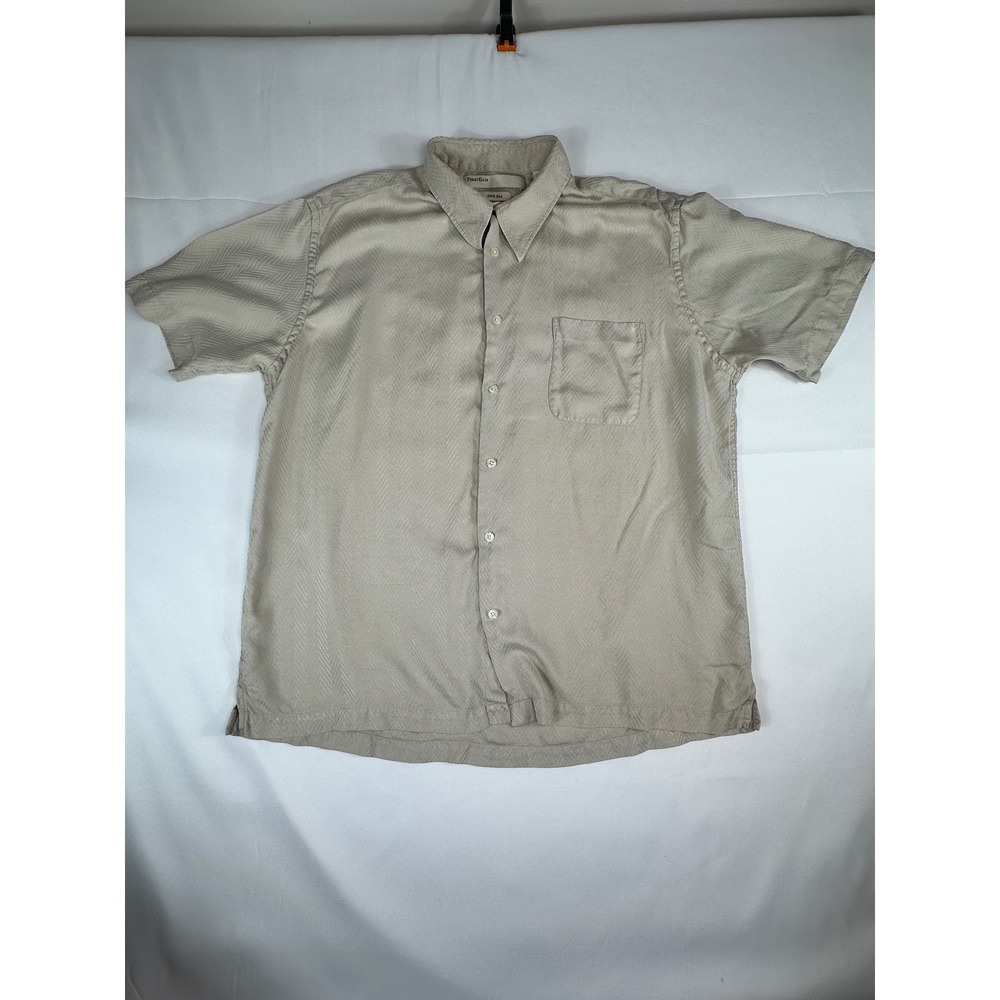 Perry Ellis Shirt Mens Short Sleeve Silk Chevron Herringbone Tan XL